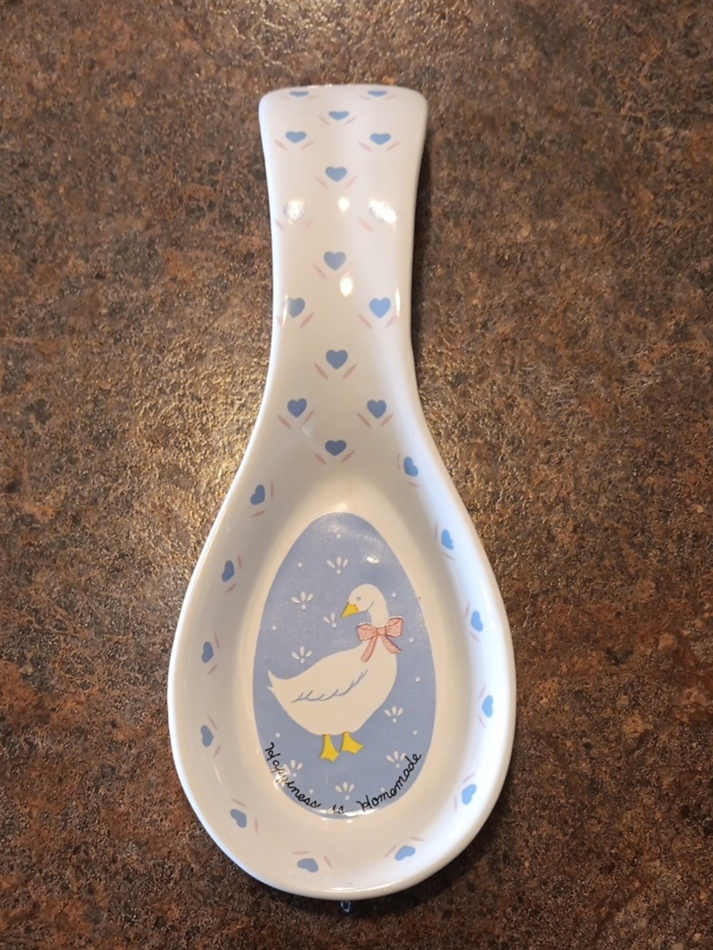 90's Blue & White Goose/Duck Ceramic  Spoon Rest. "Happiness Is Homemade".